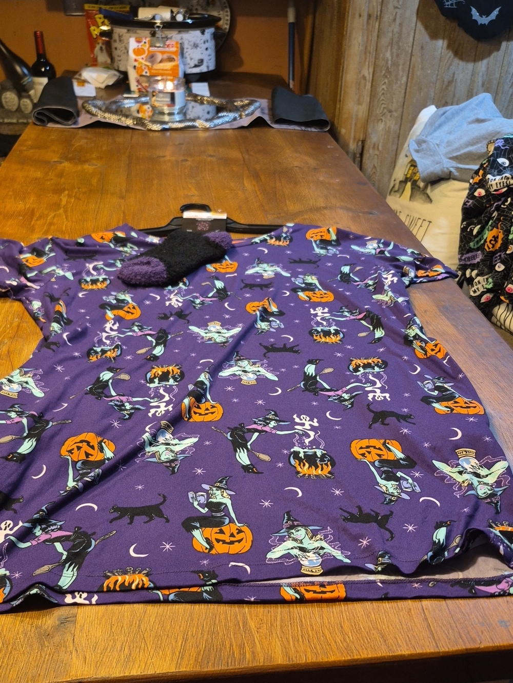 Purple Halloween Sleep Shirt with Witch and Pumpkin Print
